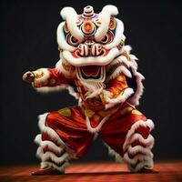 Drachen oder Löwe tanzen Show Barongsai im Feier Chinesisch Mond- Neu Jahr Festival. asiatisch traditionell Konzept durch ai generiert foto