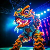 Drachen oder Löwe tanzen Show Barongsai im Feier Chinesisch Mond- Neu Jahr Festival. asiatisch traditionell Konzept durch ai generiert foto