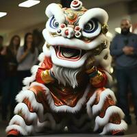 Drachen oder Löwe tanzen Show Barongsai im Feier Chinesisch Mond- Neu Jahr Festival. asiatisch traditionell Konzept durch ai generiert foto