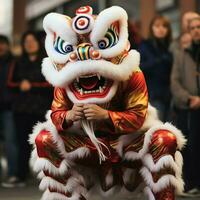 Drachen oder Löwe tanzen Show Barongsai im Feier Chinesisch Mond- Neu Jahr Festival. asiatisch traditionell Konzept durch ai generiert foto