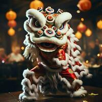 Drachen oder Löwe tanzen Show Barongsai im Feier Chinesisch Mond- Neu Jahr Festival. asiatisch traditionell Konzept durch ai generiert foto