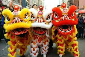 Drachen oder Löwe tanzen Show Barongsai im Feier Chinesisch Mond- Neu Jahr Festival. asiatisch traditionell Konzept durch ai generiert foto