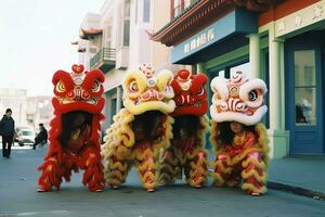 Drachen oder Löwe tanzen Show Barongsai im Feier Chinesisch Mond- Neu Jahr Festival. asiatisch traditionell Konzept durch ai generiert foto