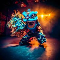 Drachen oder Löwe tanzen Show Barongsai im Feier Chinesisch Mond- Neu Jahr Festival. asiatisch traditionell Konzept durch ai generiert foto