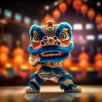 Drachen oder Löwe tanzen Show Barongsai im Feier Chinesisch Mond- Neu Jahr Festival. asiatisch traditionell Konzept durch ai generiert foto