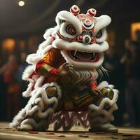 Drachen oder Löwe tanzen Show Barongsai im Feier Chinesisch Mond- Neu Jahr Festival. asiatisch traditionell Konzept durch ai generiert foto