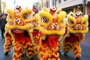 Drachen oder Löwe tanzen Show Barongsai im Feier Chinesisch Mond- Neu Jahr Festival. asiatisch traditionell Konzept durch ai generiert foto