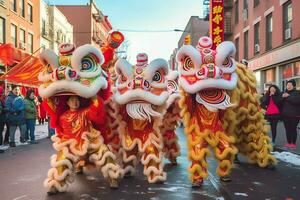 Drachen oder Löwe tanzen Show Barongsai im Feier Chinesisch Mond- Neu Jahr Festival. asiatisch traditionell Konzept durch ai generiert foto