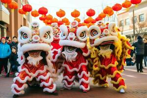 Drachen oder Löwe tanzen Show Barongsai im Feier Chinesisch Mond- Neu Jahr Festival. asiatisch traditionell Konzept durch ai generiert foto