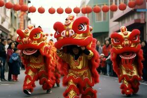 Drachen oder Löwe tanzen Show Barongsai im Feier Chinesisch Mond- Neu Jahr Festival. asiatisch traditionell Konzept durch ai generiert foto