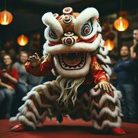 Drachen oder Löwe tanzen Show Barongsai im Feier Chinesisch Mond- Neu Jahr Festival. asiatisch traditionell Konzept durch ai generiert foto