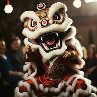 Drachen oder Löwe tanzen Show Barongsai im Feier Chinesisch Mond- Neu Jahr Festival. asiatisch traditionell Konzept durch ai generiert foto