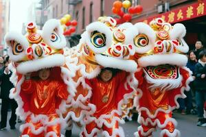 Drachen oder Löwe tanzen Show Barongsai im Feier Chinesisch Mond- Neu Jahr Festival. asiatisch traditionell Konzept durch ai generiert foto