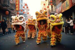 Drachen oder Löwe tanzen Show Barongsai im Feier Chinesisch Mond- Neu Jahr Festival. asiatisch traditionell Konzept durch ai generiert foto