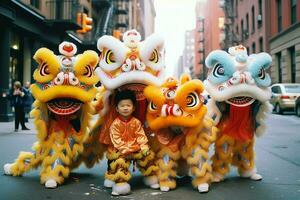 Drachen oder Löwe tanzen Show Barongsai im Feier Chinesisch Mond- Neu Jahr Festival. asiatisch traditionell Konzept durch ai generiert foto