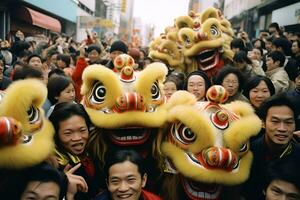 Drachen oder Löwe tanzen Show Barongsai im Feier Chinesisch Mond- Neu Jahr Festival. asiatisch traditionell Konzept durch ai generiert foto