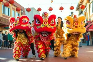 Drachen oder Löwe tanzen Show Barongsai im Feier Chinesisch Mond- Neu Jahr Festival. asiatisch traditionell Konzept durch ai generiert foto