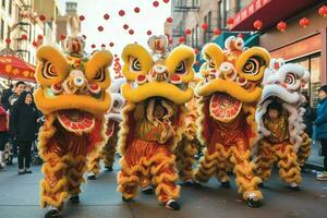 Drachen oder Löwe tanzen Show Barongsai im Feier Chinesisch Mond- Neu Jahr Festival. asiatisch traditionell Konzept durch ai generiert foto