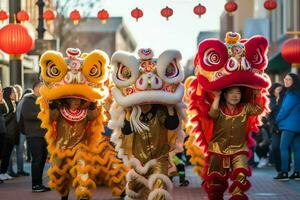 Drachen oder Löwe tanzen Show Barongsai im Feier Chinesisch Mond- Neu Jahr Festival. asiatisch traditionell Konzept durch ai generiert foto