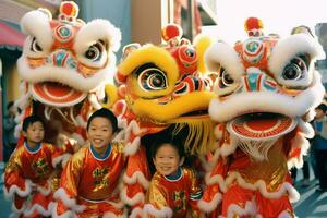 Drachen oder Löwe tanzen Show Barongsai im Feier Chinesisch Mond- Neu Jahr Festival. asiatisch traditionell Konzept durch ai generiert foto