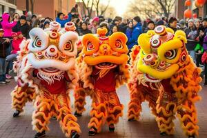 Drachen oder Löwe tanzen Show Barongsai im Feier Chinesisch Mond- Neu Jahr Festival. asiatisch traditionell Konzept durch ai generiert foto