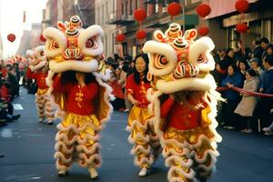 Drachen oder Löwe tanzen Show Barongsai im Feier Chinesisch Mond- Neu Jahr Festival. asiatisch traditionell Konzept durch ai generiert foto