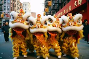 Drachen oder Löwe tanzen Show Barongsai im Feier Chinesisch Mond- Neu Jahr Festival. asiatisch traditionell Konzept durch ai generiert foto