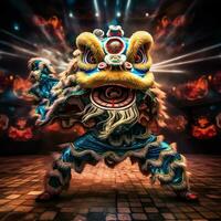 Drachen oder Löwe tanzen Show Barongsai im Feier Chinesisch Mond- Neu Jahr Festival. asiatisch traditionell Konzept durch ai generiert foto