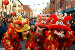 Drachen oder Löwe tanzen Show Barongsai im Feier Chinesisch Mond- Neu Jahr Festival. asiatisch traditionell Konzept durch ai generiert foto