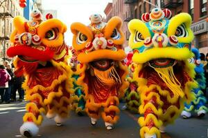 Drachen oder Löwe tanzen Show Barongsai im Feier Chinesisch Mond- Neu Jahr Festival. asiatisch traditionell Konzept durch ai generiert foto