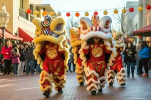 Drachen oder Löwe tanzen Show Barongsai im Feier Chinesisch Mond- Neu Jahr Festival. asiatisch traditionell Konzept durch ai generiert foto