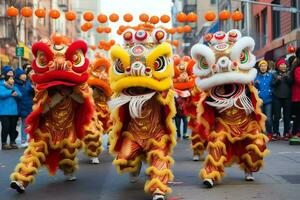 Drachen oder Löwe tanzen Show Barongsai im Feier Chinesisch Mond- Neu Jahr Festival. asiatisch traditionell Konzept durch ai generiert foto