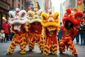 Drachen oder Löwe tanzen Show Barongsai im Feier Chinesisch Mond- Neu Jahr Festival. asiatisch traditionell Konzept durch ai generiert foto