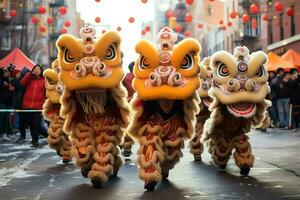 Drachen oder Löwe tanzen Show Barongsai im Feier Chinesisch Mond- Neu Jahr Festival. asiatisch traditionell Konzept durch ai generiert foto