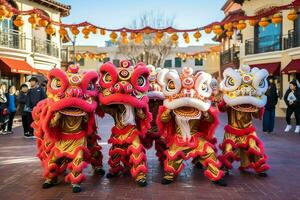 Drachen oder Löwe tanzen Show Barongsai im Feier Chinesisch Mond- Neu Jahr Festival. asiatisch traditionell Konzept durch ai generiert foto