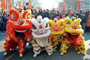 Drachen oder Löwe tanzen Show Barongsai im Feier Chinesisch Mond- Neu Jahr Festival. asiatisch traditionell Konzept durch ai generiert foto