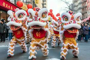 Drachen oder Löwe tanzen Show Barongsai im Feier Chinesisch Mond- Neu Jahr Festival. asiatisch traditionell Konzept durch ai generiert foto