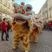 Drachen oder Löwe tanzen Show Barongsai im Feier Chinesisch Mond- Neu Jahr Festival. asiatisch traditionell Konzept durch ai generiert foto