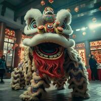 Drachen oder Löwe tanzen Show Barongsai im Feier Chinesisch Mond- Neu Jahr Festival. asiatisch traditionell Konzept durch ai generiert foto