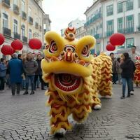 Drachen oder Löwe tanzen Show Barongsai im Feier Chinesisch Mond- Neu Jahr Festival. asiatisch traditionell Konzept durch ai generiert foto