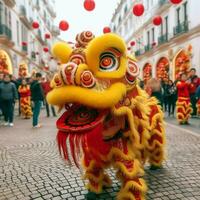 Drachen oder Löwe tanzen Show Barongsai im Feier Chinesisch Mond- Neu Jahr Festival. asiatisch traditionell Konzept durch ai generiert foto