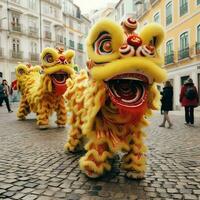 Drachen oder Löwe tanzen Show Barongsai im Feier Chinesisch Mond- Neu Jahr Festival. asiatisch traditionell Konzept durch ai generiert foto