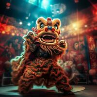 Drachen oder Löwe tanzen Show Barongsai im Feier Chinesisch Mond- Neu Jahr Festival. asiatisch traditionell Konzept durch ai generiert foto