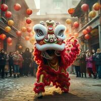 Drachen oder Löwe tanzen Show Barongsai im Feier Chinesisch Mond- Neu Jahr Festival. asiatisch traditionell Konzept durch ai generiert foto