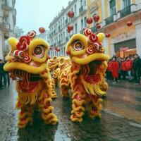 Drachen oder Löwe tanzen Show Barongsai im Feier Chinesisch Mond- Neu Jahr Festival. asiatisch traditionell Konzept durch ai generiert foto