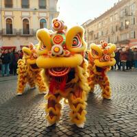 Drachen oder Löwe tanzen Show Barongsai im Feier Chinesisch Mond- Neu Jahr Festival. asiatisch traditionell Konzept durch ai generiert foto