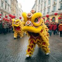 Drachen oder Löwe tanzen Show Barongsai im Feier Chinesisch Mond- Neu Jahr Festival. asiatisch traditionell Konzept durch ai generiert foto