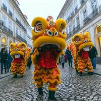 Drachen oder Löwe tanzen Show Barongsai im Feier Chinesisch Mond- Neu Jahr Festival. asiatisch traditionell Konzept durch ai generiert foto