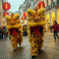 Drachen oder Löwe tanzen Show Barongsai im Feier Chinesisch Mond- Neu Jahr Festival. asiatisch traditionell Konzept durch ai generiert foto