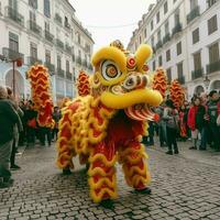 Drachen oder Löwe tanzen Show Barongsai im Feier Chinesisch Mond- Neu Jahr Festival. asiatisch traditionell Konzept durch ai generiert foto